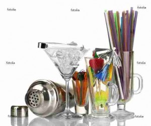 Cocktail shaker and other bartender equipment isolated on